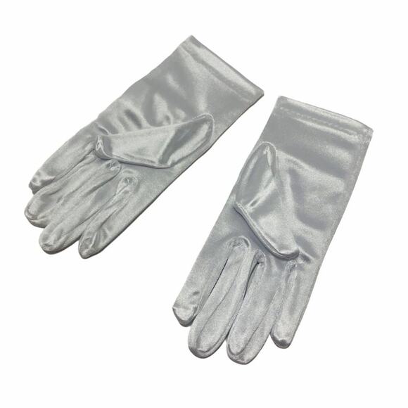 VINTAGE (Small Kids) Satin Gloves Stretchy Silver 1990's Deadstock E35 - Picture 2 of 3